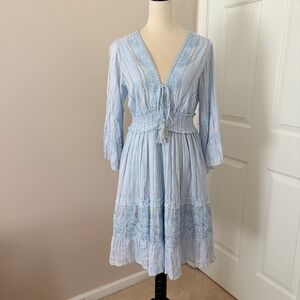 Ananta Dress L/XL Blue Boho Embroidered Metallic Stripe Smocked Made in India
